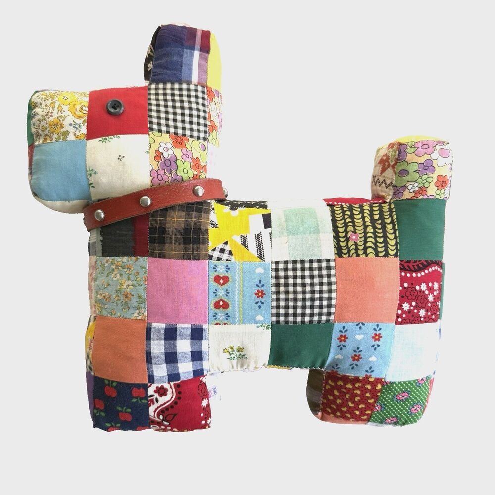 Vtg 50s Patchwork Scottie Dog Pillow Collar Stuffed Animal 14X14 Cottagecore